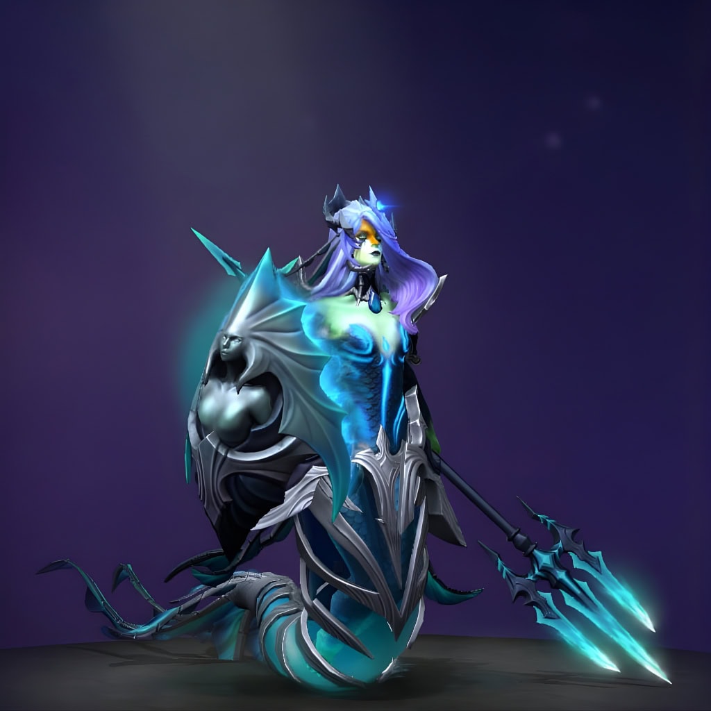 Naga Siren's "Martyrdom of the Brineborn" set from the Crownfall 2024 Collector's Cache. This coveted set transforms her into a regal oceanic warrior with glowing aqua scales, a majestic Brineborn Crown, and a shield adorned with a siren figure, embodying sacrifice and valor.