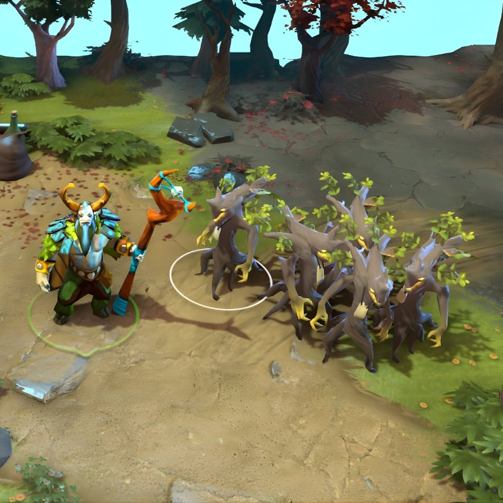 A gameplay screenshot of Nature's Prophet's default model in Dota 2. This serves as a baseline to contrast with the stunning visual redesign and custom "Coralent" treants that turn every lane push into an oceanic invasion from The Dread Prophet set.