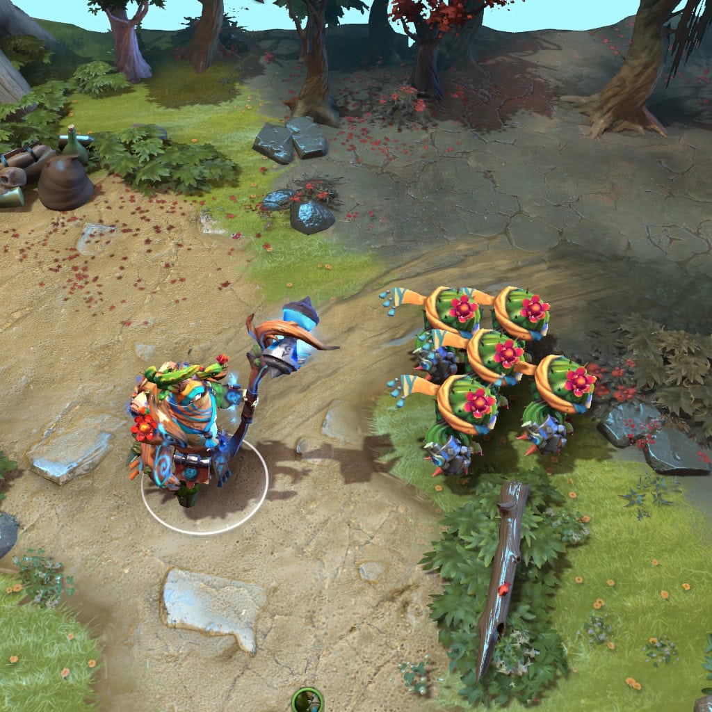 Nature's Prophet shown in-game wearing the Desert Bloom set. His glowing cactus horns, pulsating arcane staff, and custom summoned Treants, reborn as tenacious walking cacti are clearly visible, showcasing the set's distinct desert presence.