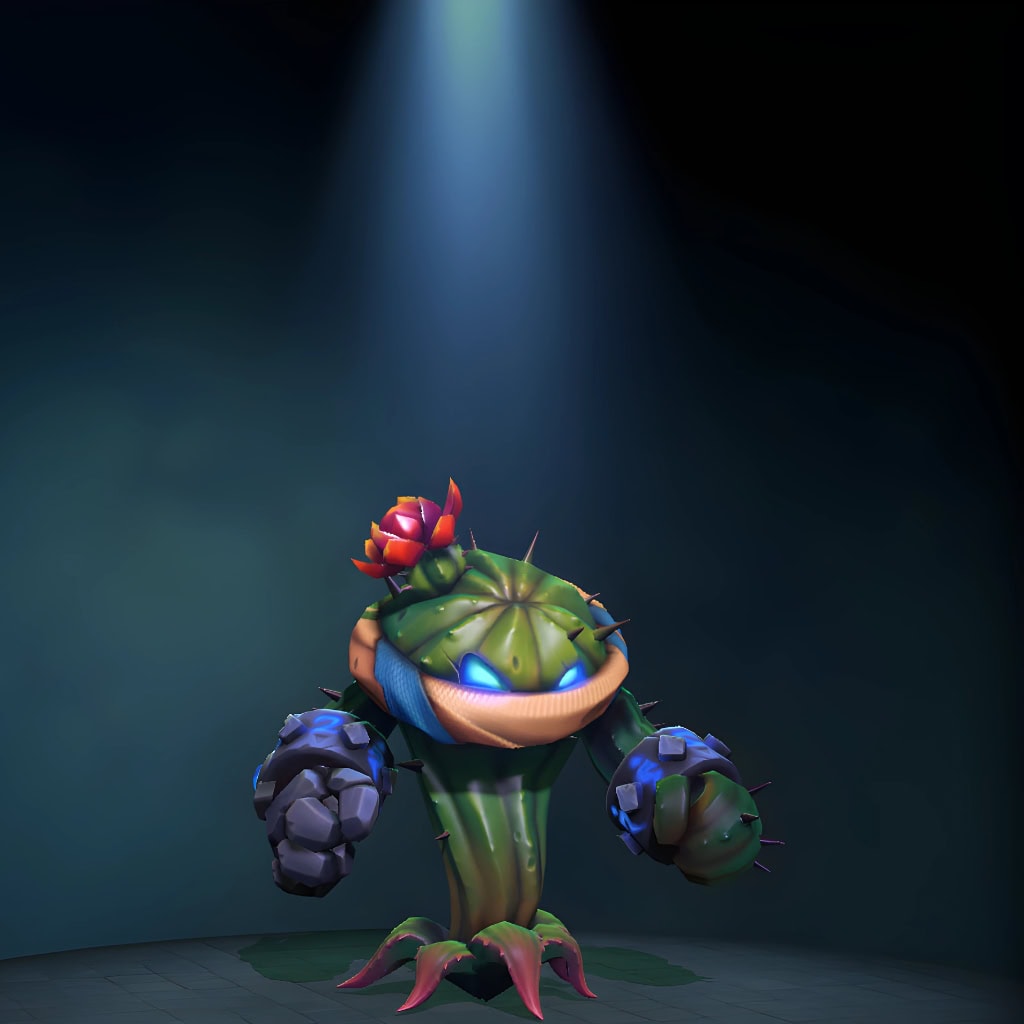 A summoned Treant from Nature's Prophet's "Desert Bloom" Nemestice Collector's Cache 2021 set, transformed into a tenacious walking cactus with a melon-like body, glowing blue eyes, and powerful stone fists.