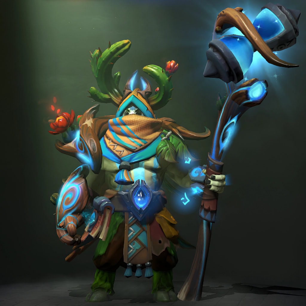 Nature's Prophet's "Desert Bloom" Nemestice Collector's Cache 2021 set. This set reimagines the hero as a mysterious desert wanderer with a patterned scarf, formidable glowing cactus horns, and a staff pulsing with brilliant blue arcane energy.