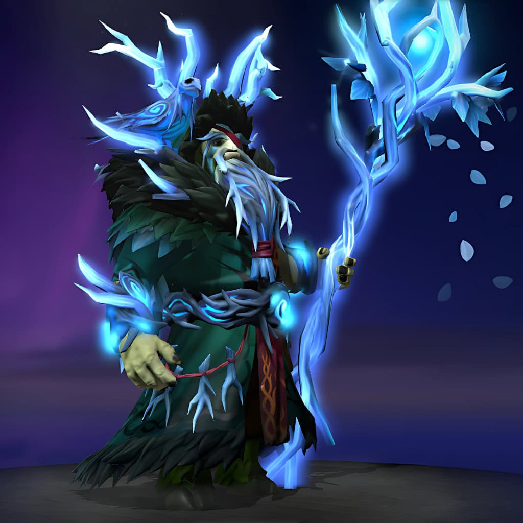 Image of the Signs of the Allfather cosmetic set for Nature's Prophet, from The International 10 Collector's Cache in Dota 2, featuring majestic luminous crystalline antlers, rich forest green robes with dark pauldrons, glowing blue runes, and an empowered mystical staff with a pulsating crystalline core.