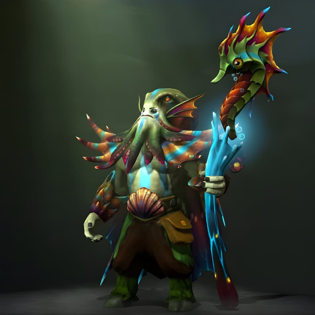 Nature's Prophet's "The Dread Prophet" Rare set from The International 2017 Collector's Cache. This skin reimagines him with a Cthulhu-inspired cephalopoid head with writhing tentacles, a bioluminescent fin cape, and a staff topped with a menacing, anglerfish-like leviathan. He is posed holding his staff against a dark background.