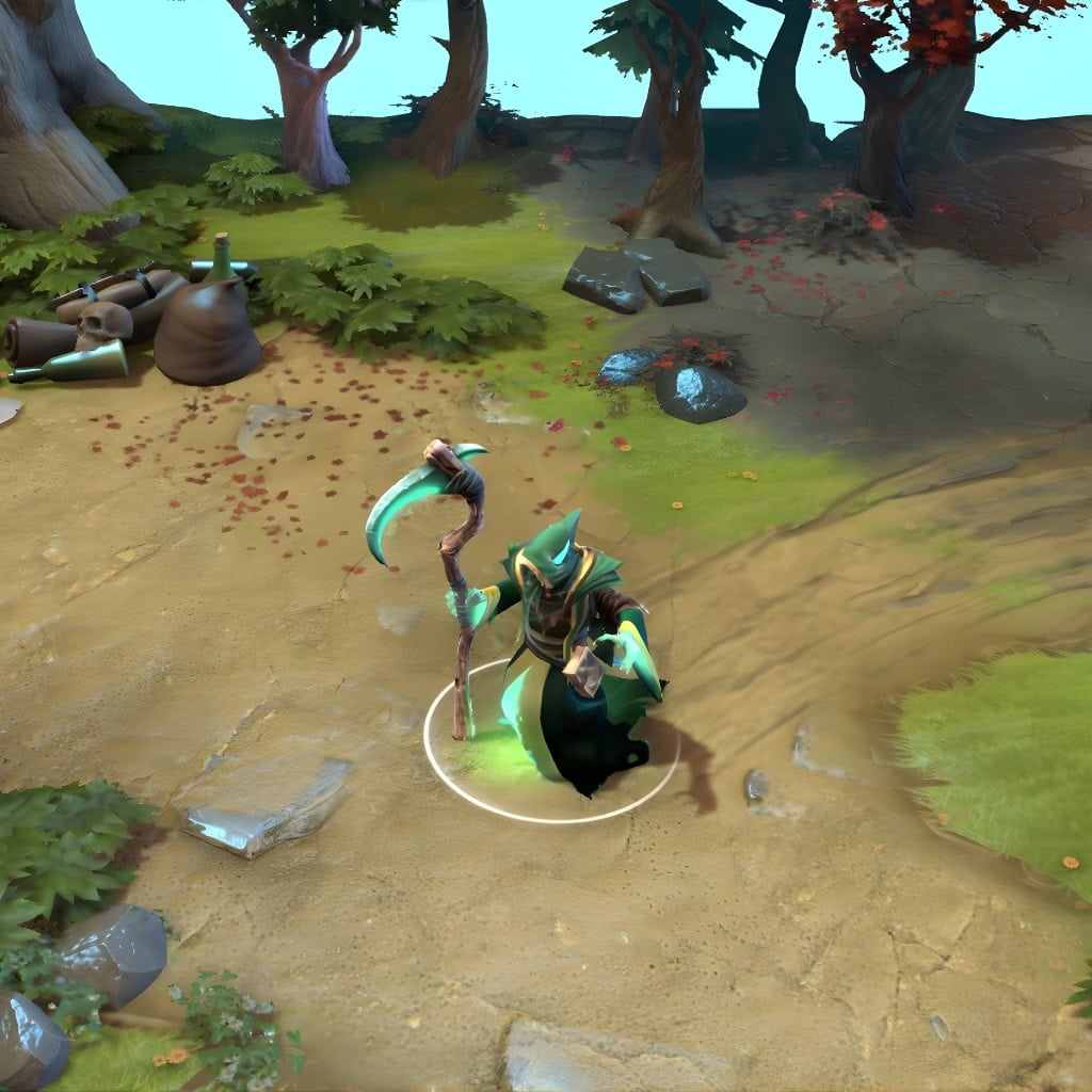 Necrophos in-game wearing the Apostle of Decay set from The International 2015 Collector's Cache. The tattered green vestments with ethereal glow, shadowed hood, skeletal mask, and glowing green scythe are clearly visible, showcasing its haunting visage and impactful presence.