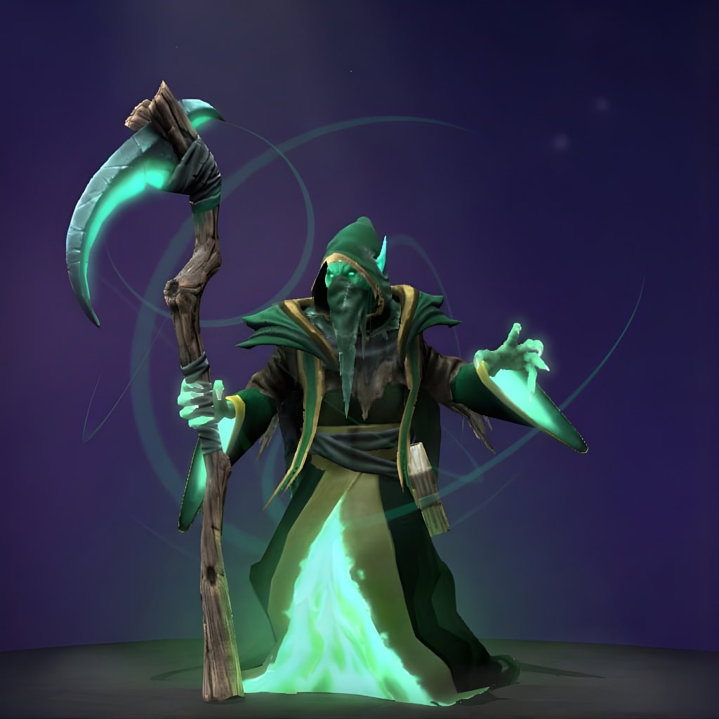 Necrophos's "Apostle of Decay" The International 2015 Collector's Cache set. Transforms him into a spectral harbinger cloaked in tattered green and brown vestments. He features a shadowed hood, skeletal mask, an ethereal green inner glow, and wields a gnarled staff with a jagged, glowing green scythe blade.