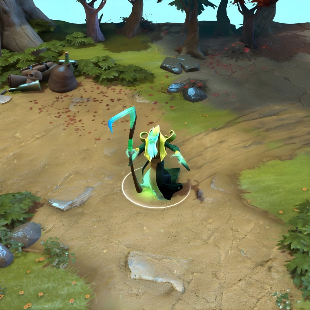 A gameplay screenshot of Necrophos's default model in Dota 2. This serves as a baseline to contrast with the intimidating presence, ethereal glow, and unique weapon of the rare Apostle of Decay set from The International 2015 Collector's Cache.