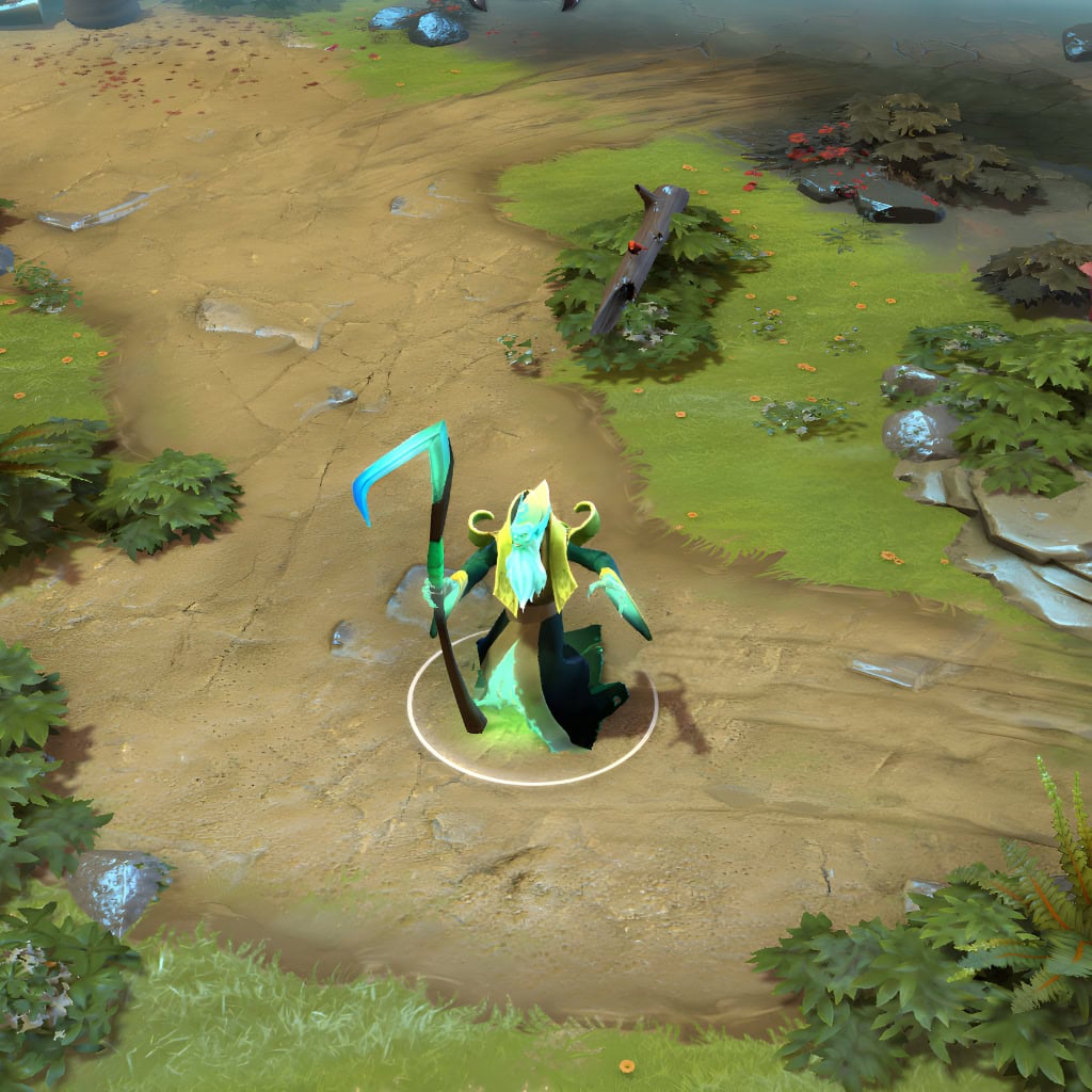 A gameplay screenshot of Necrophos's default model in Dota 2. This serves as a baseline to contrast with the enhanced in-game visuals, unique avian aesthetic, and glowing teal effects of the Fowl Omen cosmetic set.