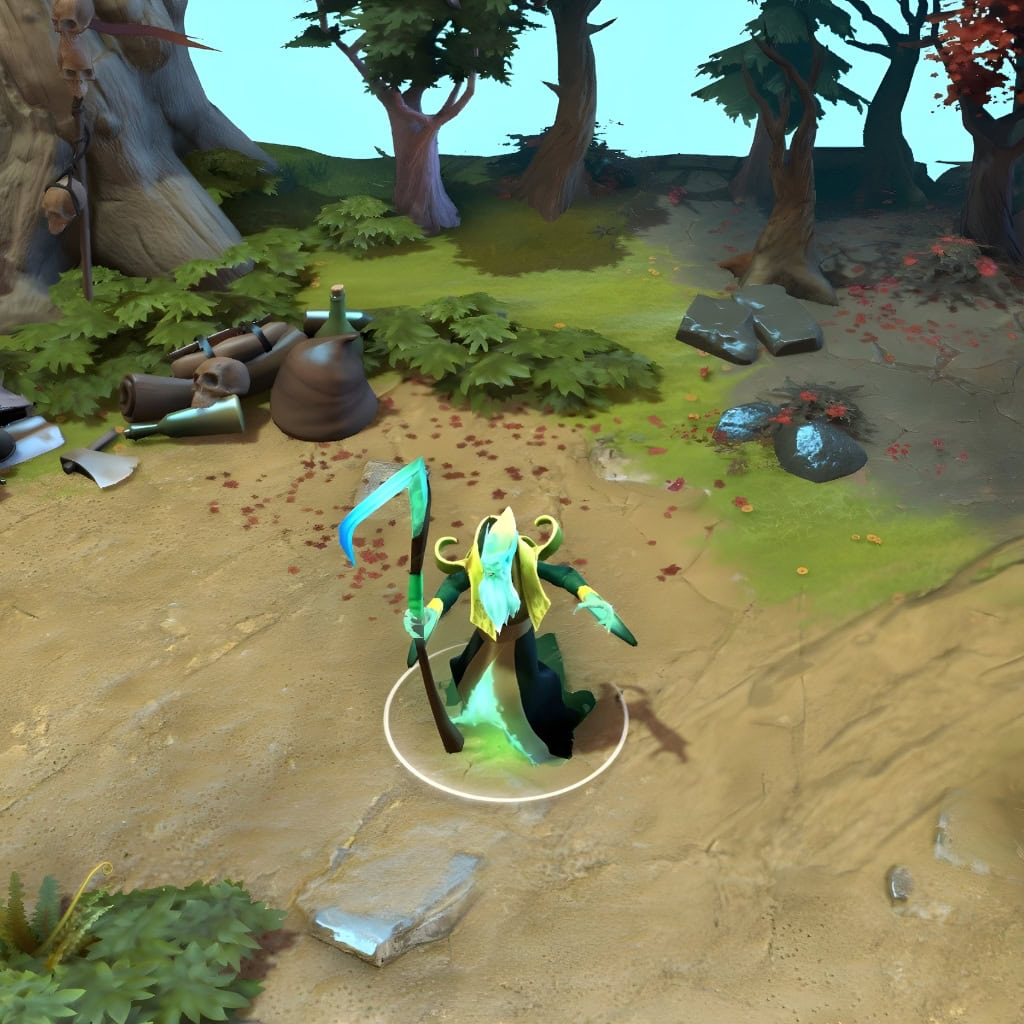 A gameplay screenshot of Necrophos's default model in Dota 2. This serves as a baseline to contrast with the enhanced in-game visuals, unique silhouette, and custom effects of The Murid Divine cosmetic set.