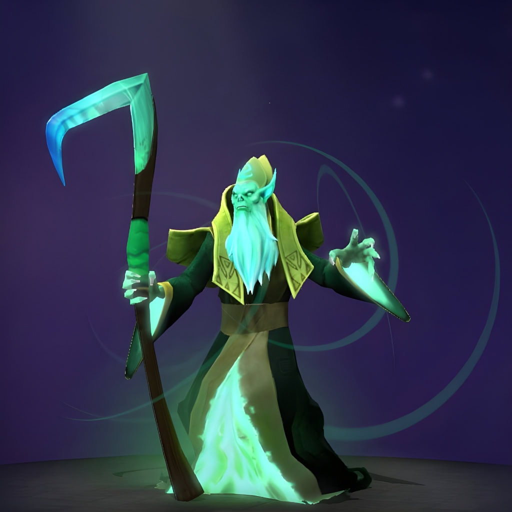 The default skin of Necrophos, shown for comparison with the Fowl Omen set. This highlights the transformation into an avian harbinger with a parrot-like visage, ethereal teal plumage, a nature-infused scythe, and intricate wooden details.