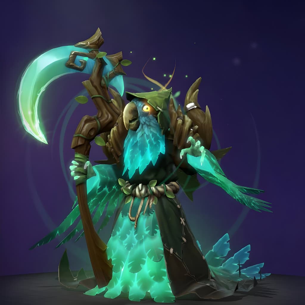 Necrophos's "Fowl Omen" from The International 2019 Collector's Cache 2. This Mythical set features a striking avian death-mask with a formidable beak. Ethereal teal plumage flows like a spectral cape, and he wields a nature-infused scythe with a glowing, curved teal blade, complemented by ornate wooden accents.