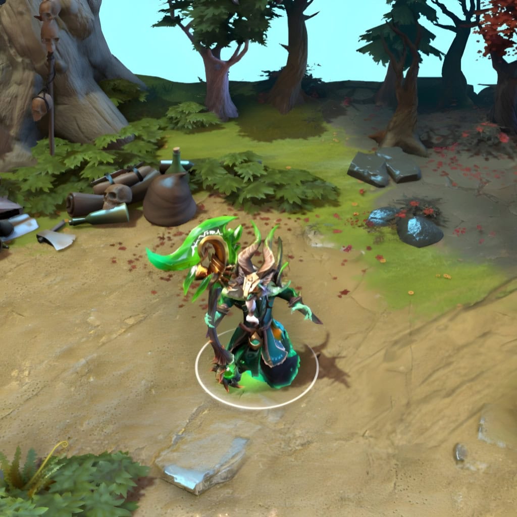 Necrophos shown in-game wearing The Murid Divine set. His rat-like shaman appearance, horned mask, gnarled tail, and glowing crescent scythe are clearly visible, showcasing the set's full impact and the pervasive sickly green plague aura.