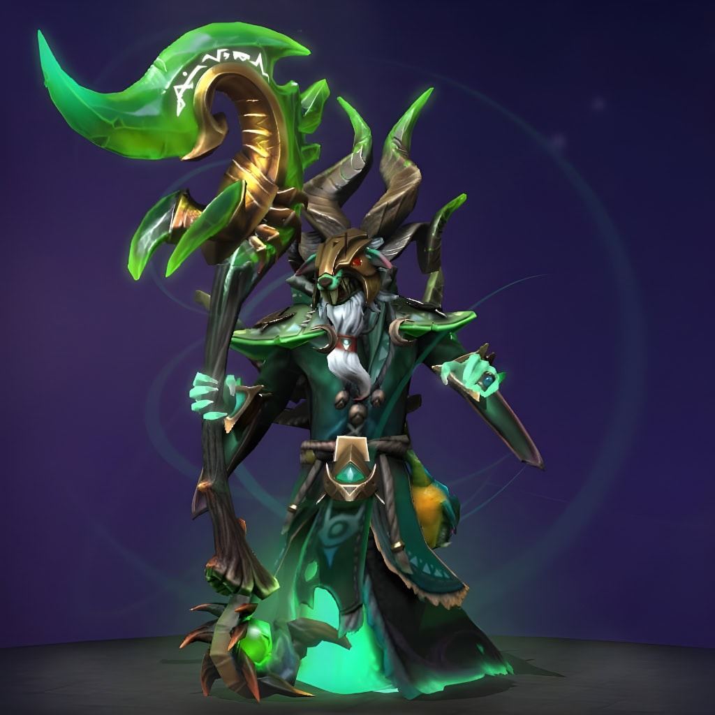 Necrophos's "The Murid Divine" The International 2018 Collector's Cache set. This cosmetic transforms the Pope of Pestilence into a divine, rat-like shaman with a gnarled tail, horned mask, and a hunched posture. He wields a crescent scythe pulsing with virulent green energy and emits a sickly plague aura.