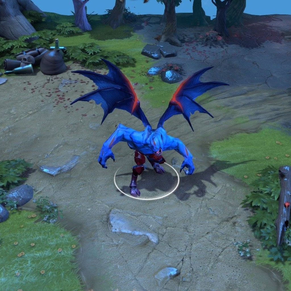 A gameplay screenshot of Night Stalker's default model in Dota 2. This serves as a baseline to contrast with the bulkier, iridescent carapace, sharper talons, and terrifying insectoid wings of the Legends of Darkheart Pursuit cosmetic set.