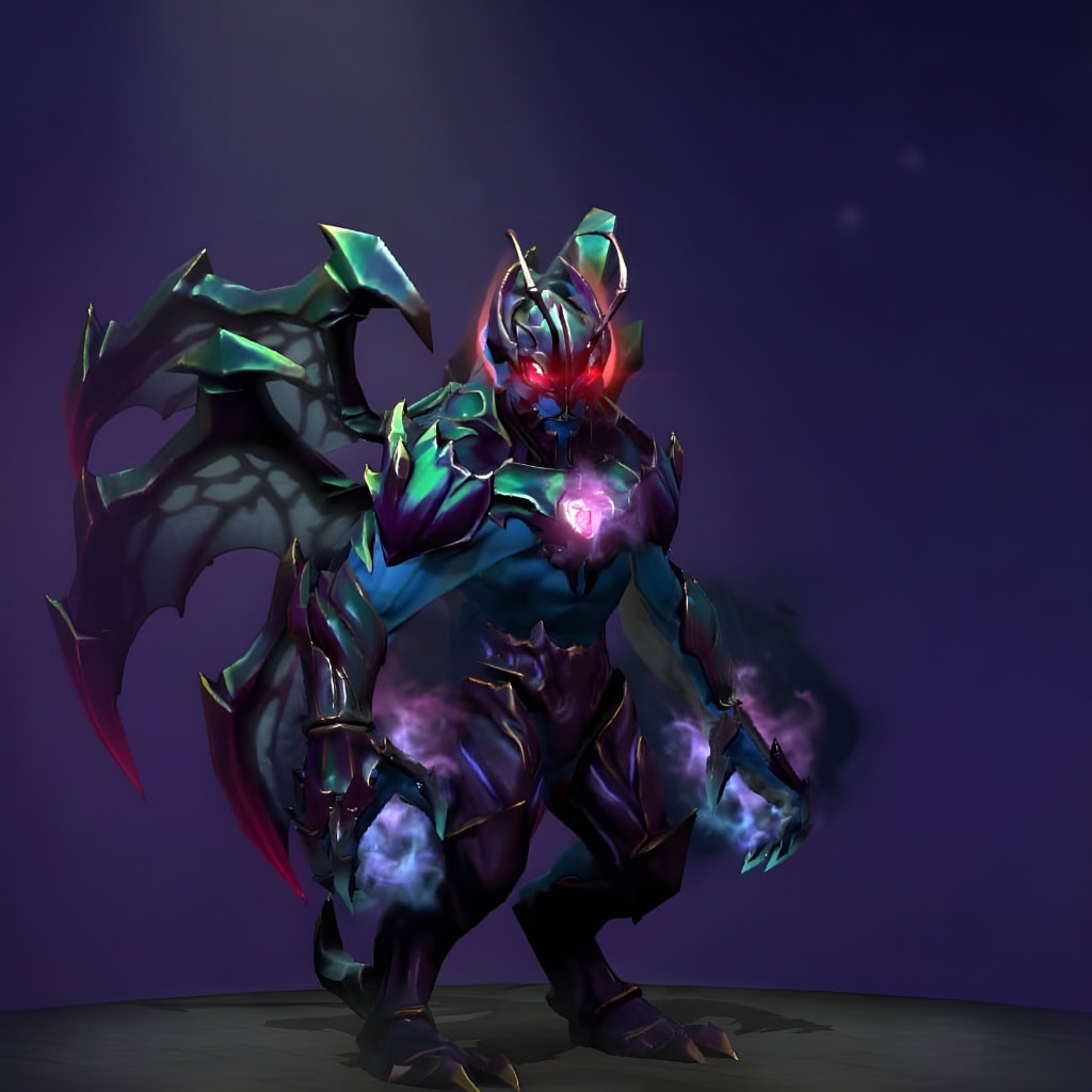 Night Stalker's "Legends of Darkheart Pursuit" The International 2018 Collector's Cache II set. Envelops Balanar in a stunning, iridescent carapace shifting between nebula blues, purples, and crimsons. Features Massive Insectoid Wings and a hunched, predatory alien form.