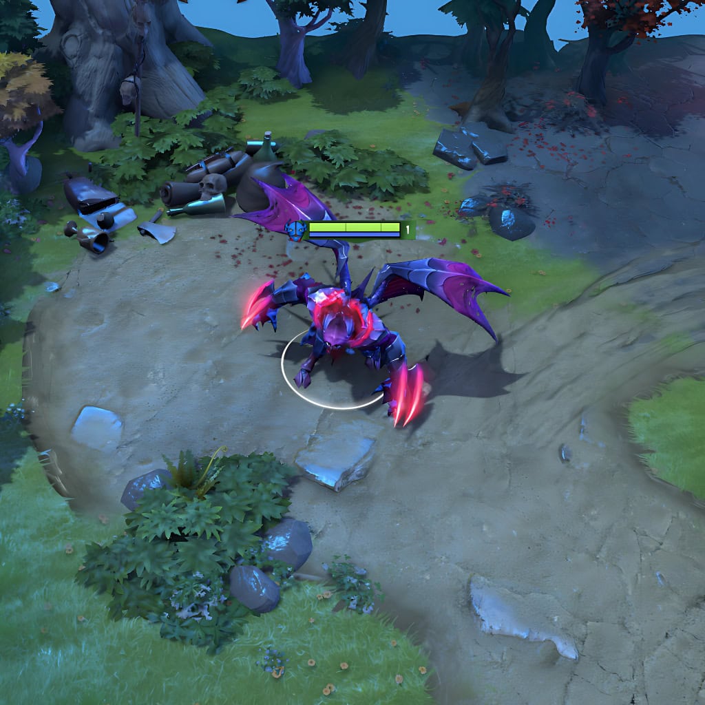 Gameplay screenshot showcasing the Origin of the Dark Oath set for Night Stalker from The International 10 Collector's Cache, featuring his majestic crimson wings and sinister glowing claws in action.
