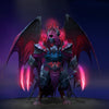 Image of the Origin of the Dark Oath cosmetic set for Night Stalker, from The International 10 Collector's Cache in Dota 2, featuring vast, majestic crimson wings, dark, jagged armor, and sinister glowing claws emanating a menacing crimson energy from his shadowed visage.