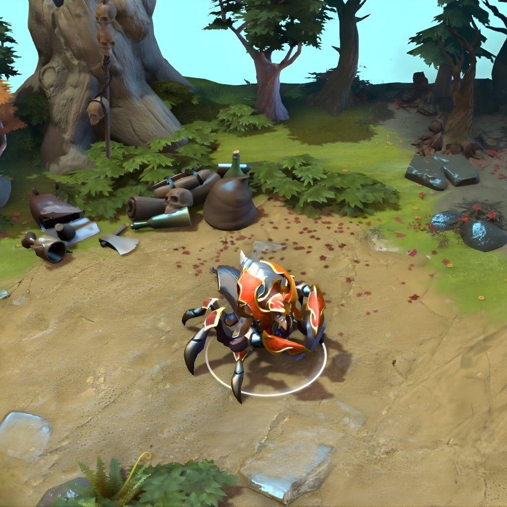 A gameplay screenshot of Nyx Assassin's default model in Dota 2. This serves as a baseline to contrast with the dramatically altered silhouette and abyssal textures of the Chitinous Stalker cosmetic set.