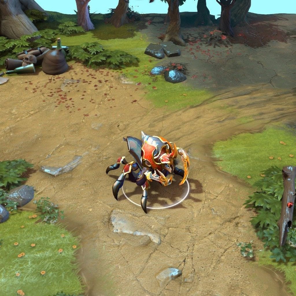 A gameplay screenshot of Nyx Assassin's default model in Dota 2. This serves as a baseline to contrast with the iridescent shell, otherworldly flower-like carapace, and bioluminescent claws of the Shimmer of the Anointed cosmetic set.
