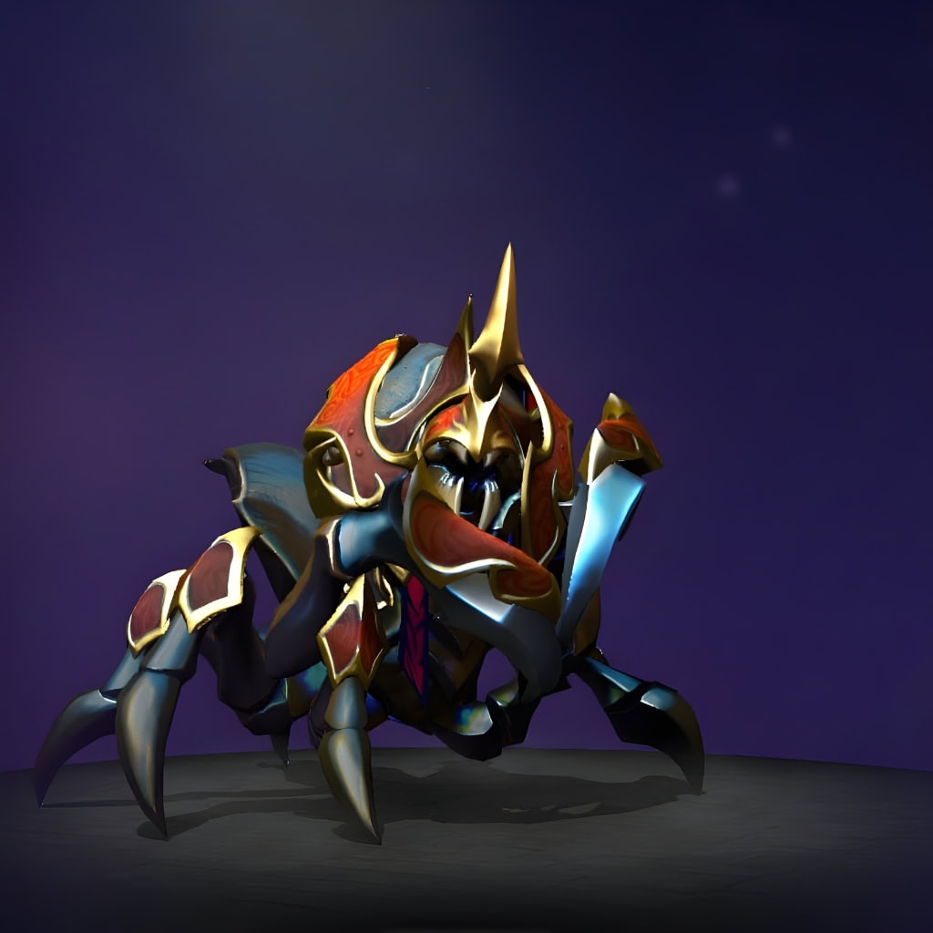 The default skin of Nyx Assassin, shown for comparison with the Shimmer of the Anointed set. This highlights the transformation into a more armored, imposing figure with an iridescent shell, unfurling petals, and menacing, glowing cyan claws.