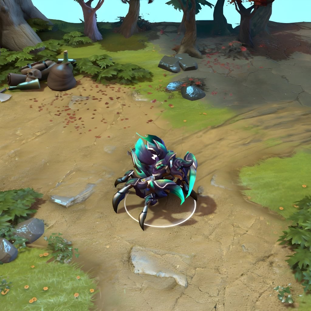 Nyx Assassin in-game wearing the "Shimmer of the Anointed" set from The International 2018 Collector's Cache II. The iridescent shell, unfurling petal-like carapace, and menacing, glowing cyan claws create a stunning and visually impactful presence.