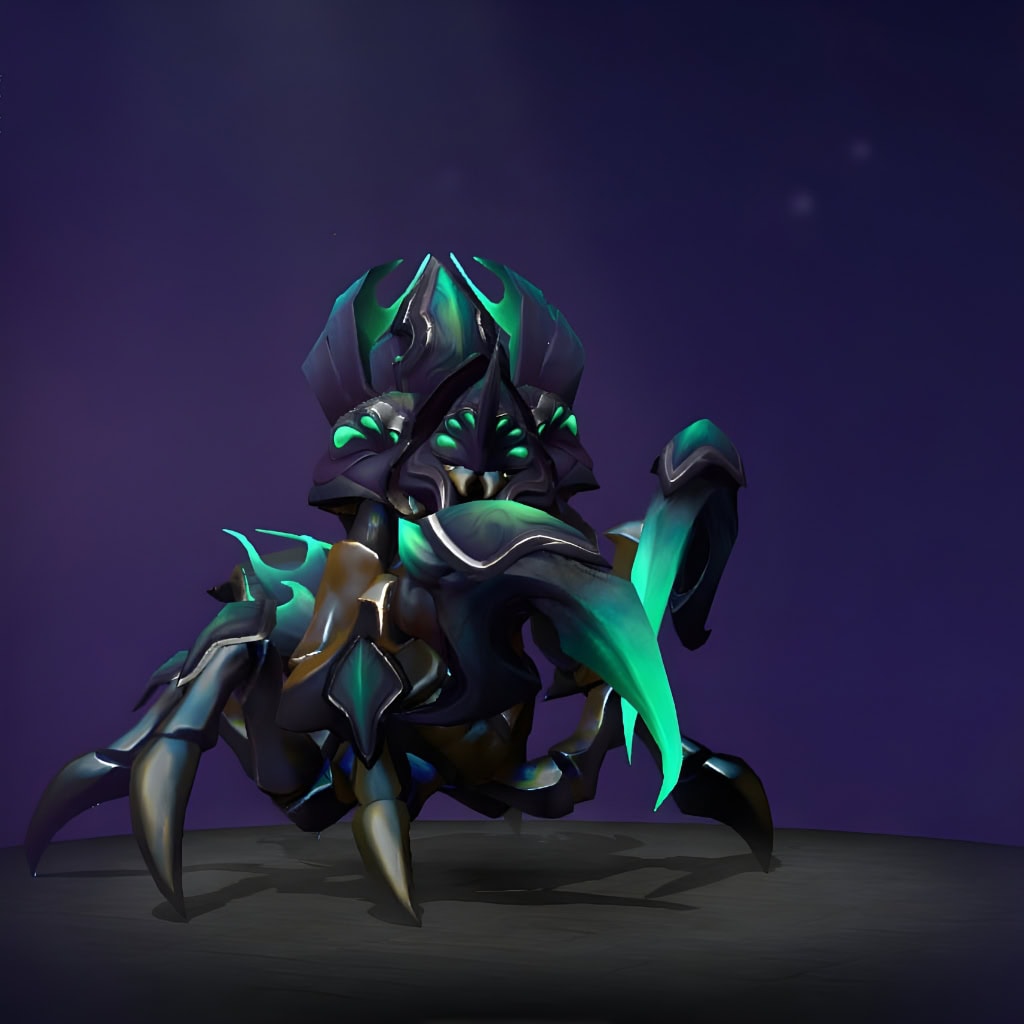 Nyx Assassin's "Shimmer of the Anointed" The International 2018 Collector's Cache II set. Transforms his carapace into unfurling petals of a lethal, otherworldly flower. Features an iridescent shell shimmering between deep indigo and vibrant turquoise, with menacing claws glowing with cyan energy.