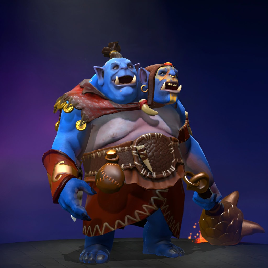 The default skin of Ogre Magi, shown for comparison with the Pyrexae Polymorph Perfected set. This highlights the transformation into a whimsical, two-headed dragon-like form with a patchwork costume, fiery and icy heads, and dynamic particle effects.