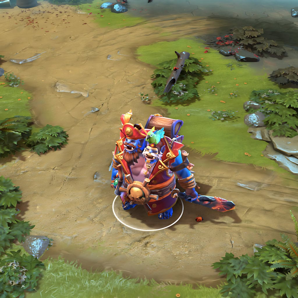 Ogre Magi shown in-game wearing the Freeboot Fortunes set. The two-headed pirate captain, loyal parrot companion, treasure chest backpack, and fearsome anchor-like club radiating fiery glow are all clearly visible, showcasing the set's full high-seas personality and intimidation in every match.
