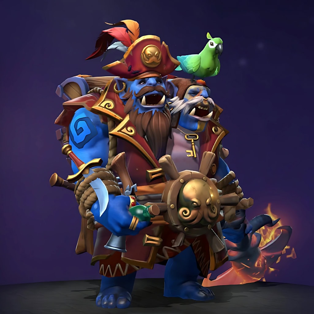 Ogre Magi's "Freeboot Fortunes" Diretide 2022 Collector's Cache II set. This Mythical cosmetic reimagines him as a formidable two-headed pirate captain. He wears a red feathered bicorne hat topped with a loyal green parrot, and has a heavy wooden treasure chest overflowing with gold coins on his back. He wields a massive, anchor-like club radiating a fiery glow, a sharp cutlass, and his belt features a golden kraken emblem.