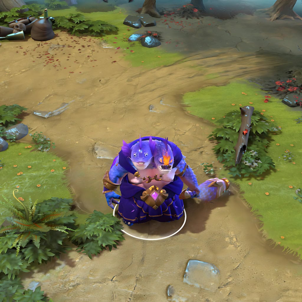 Ogre Magi shown in-game wearing the Pisces Gemini set. The dual fish-like heads, cosmic blue and purple scale armor with gold trim, and the luminous celestial fish mace radiating a warm glow are clearly visible, showcasing the set's full impact.