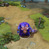 Ogre Magi shown in-game wearing the Pisces Gemini set. The dual fish-like heads, cosmic blue and purple scale armor with gold trim, and the luminous celestial fish mace radiating a warm glow are clearly visible, showcasing the set's full impact.