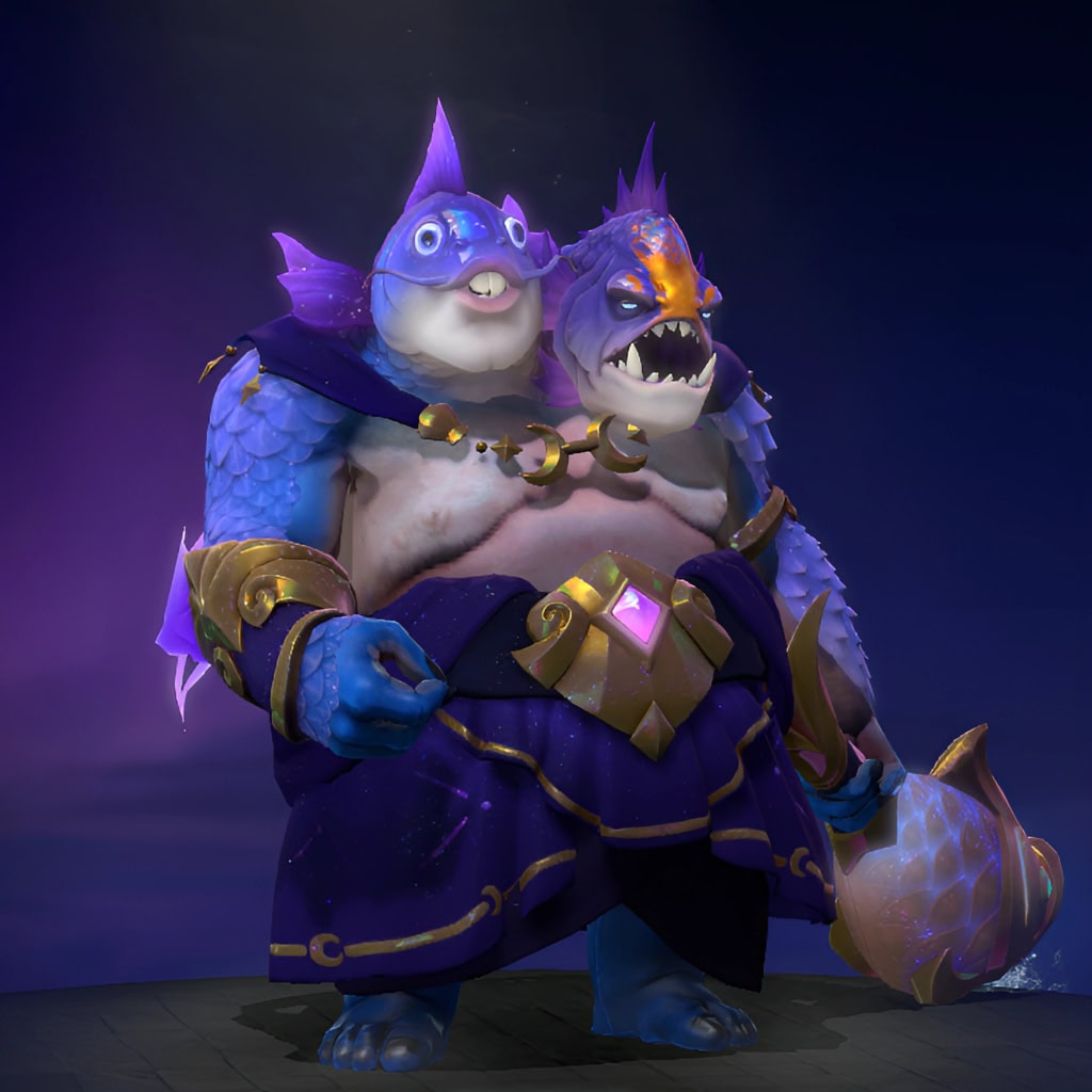 Ogre Magi's "Pisces Gemini" Cosmic 2025 Heroes Hoard set. Features two distinct fish-like heads, one serene, one ferocious clad in deep cosmic blue and purple armor of shimmering scales with gold trim. Wields a custom luminous celestial fish mace.