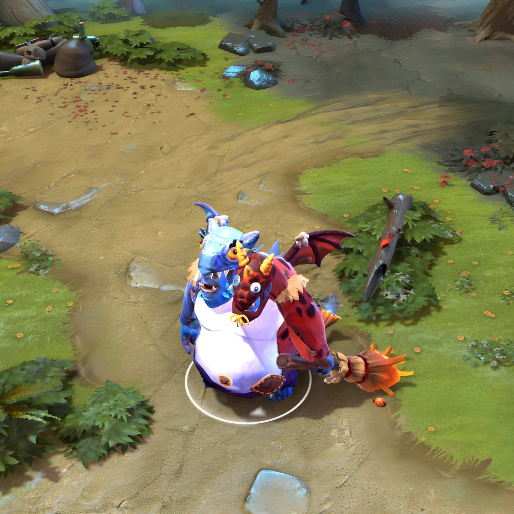 Ogre Magi shown in-game wearing the Pyrexae Polymorph Perfected set. The dual-headed creature form with one fiery and one icy head, the unique patchwork costume, and the broom-like tail with vibrant fiery particles are clearly visible, showcasing the set's full impact during gameplay.