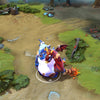 Ogre Magi shown in-game wearing the Pyrexae Polymorph Perfected set. The dual-headed creature form with one fiery and one icy head, the unique patchwork costume, and the broom-like tail with vibrant fiery particles are clearly visible, showcasing the set's full impact during gameplay.