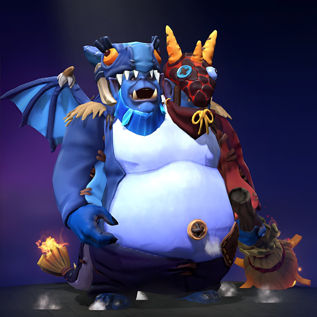 Ogre Magi's "Pyrexae Polymorph Perfected" Aghanim's 2021 Collector's Cache set. Reimagines the hero as a fantastical two-headed creature with one fiery head and one icy head, humorous patchwork costume, and a broom-like tail with vibrant fiery particles.