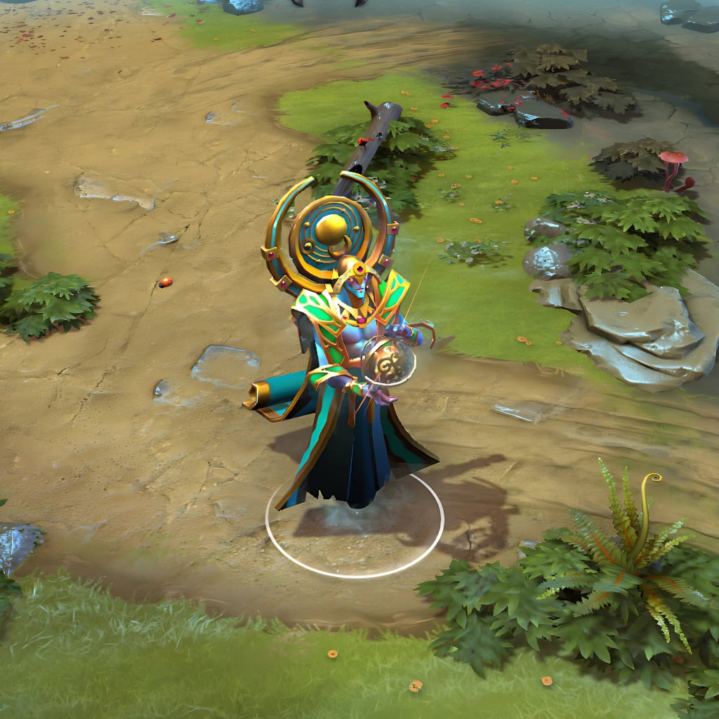 A gameplay screenshot of Oracle's default model in Dota 2. This serves as a baseline to contrast with the enhanced in-game visuals, unique multi-armed silhouette, and ethereal glowing lotus effects of the Transcendent Path cosmetic set.
