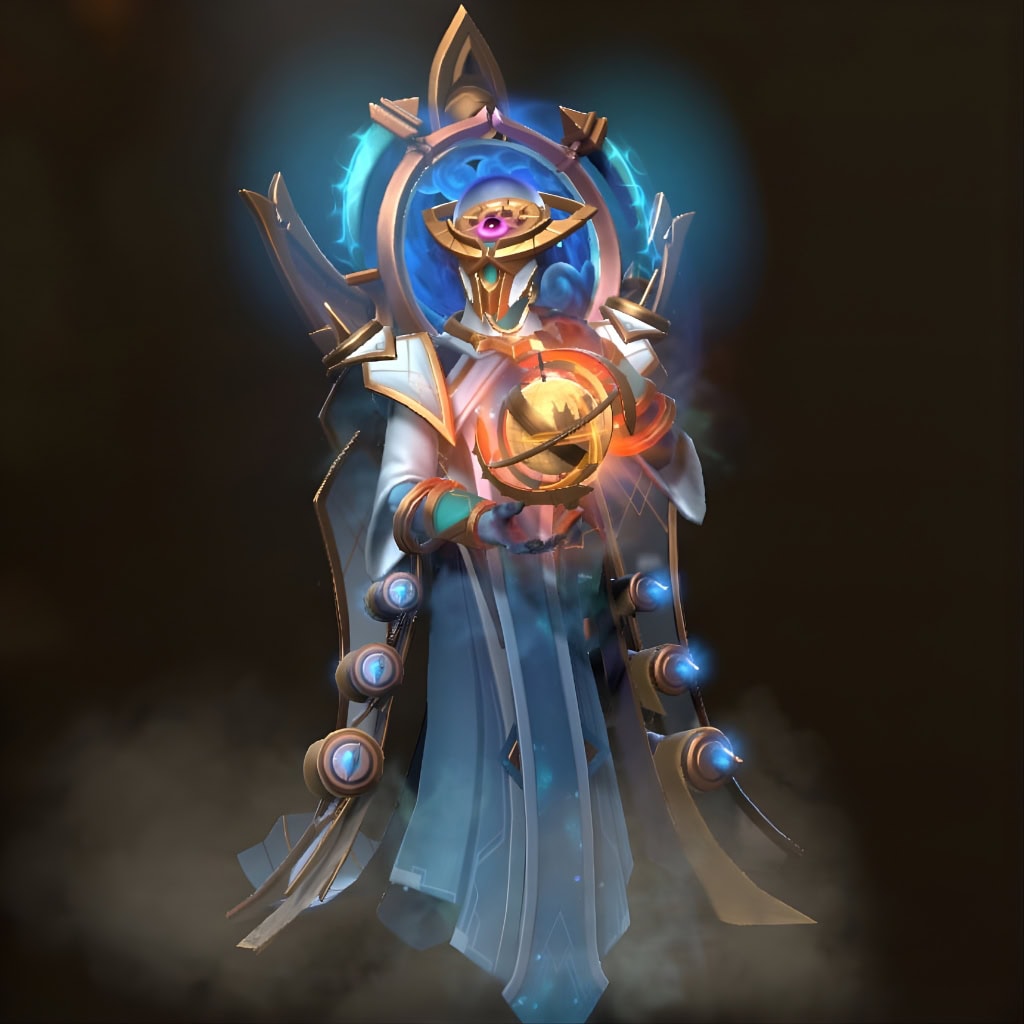 Foreseen Horizons set for Oracle from the Winter 2024 Heroes Hoard. This Dota 2 skin features celestial gold and blue robes, an astrolabe back piece with blue energy, and mystical floating orbs.