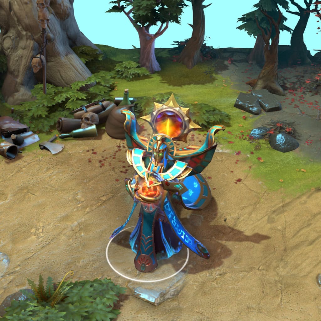 Oracle shown in-game wearing the Riddle of the Hierophant set. The majestic sun-disc headdress, expansive winged pauldrons, dynamic dual-state Oracle Orb, and hieroglyph-etched ceremonial robes are clearly visible, showcasing the set's full impact with its golden and turquoise aesthetic.