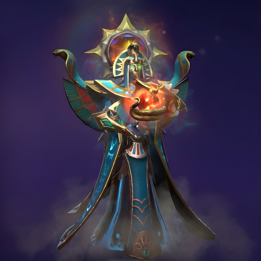 Oracle's "Riddle of the Hierophant" from The International 2019 Collector's Cache. This Mythical set features a majestic sun-disc headdress with a cobra motif, expansive winged pauldrons, and hieroglyph-etched ceremonial robes. His dynamic dual-state Oracle Orb pulses with mystical energy, shifting between serene blue starlight and intense fiery orange.