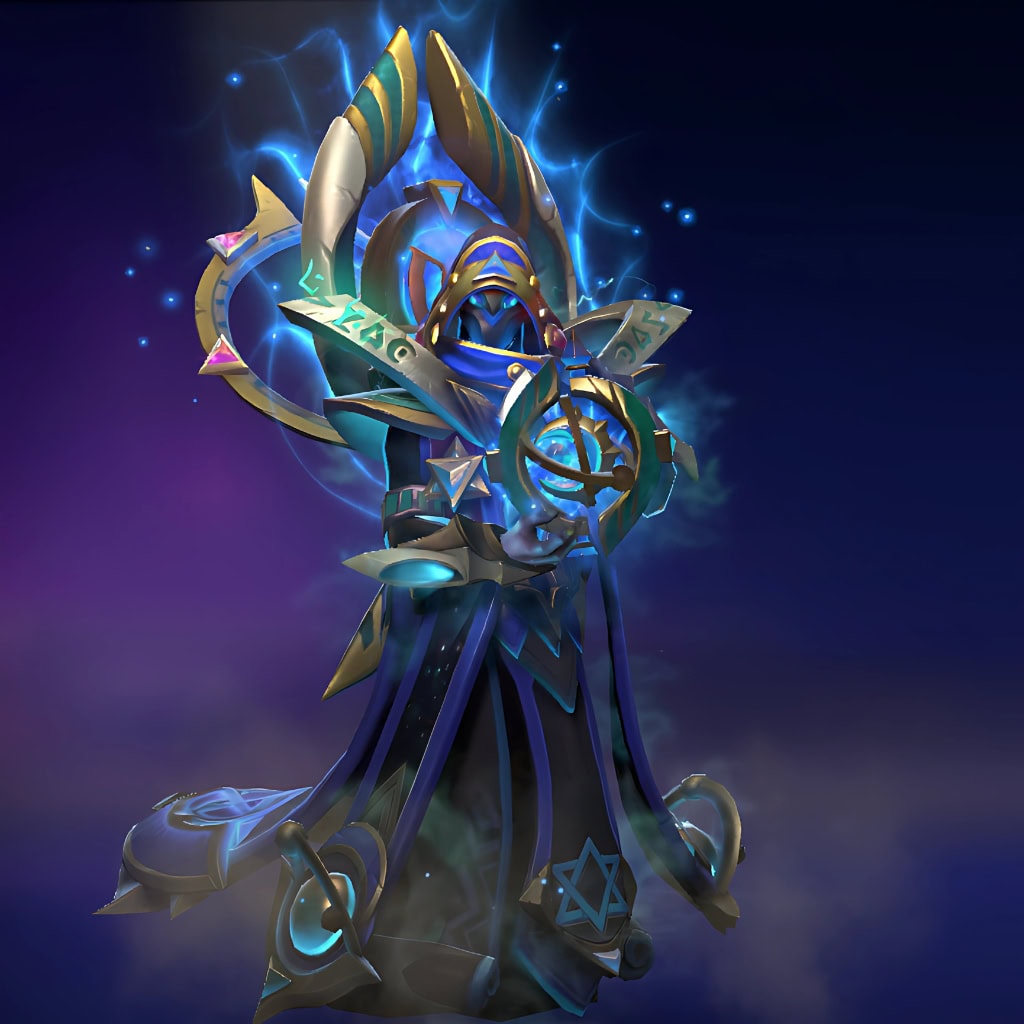 Oracle's "Silence of the Starweaver" Nemestice Collector's Cache 2021 set. This set features a celestial astrolabe with spinning golden rings, galaxy-infused robes woven from the fabric of space, and an enigmatic hooded visage with a golden crest.