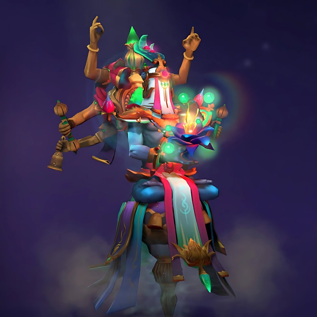 Oracle's "Transcendent Path" Diretide 2022 Collector's Cache II set. This Mythical cosmetic transforms Oracle into a serene, multi-armed, golden divine effigy with a majestic headpiece. He floats with celestial grace, his core replaced by a brilliant, blooming lotus flower pulsing with serene light and surrounded by glowing orbs. Intricate golden arms hold ritualistic bells, and flowing silks in vibrant hues of pink, blue, and green add to its otherworldly elegance.