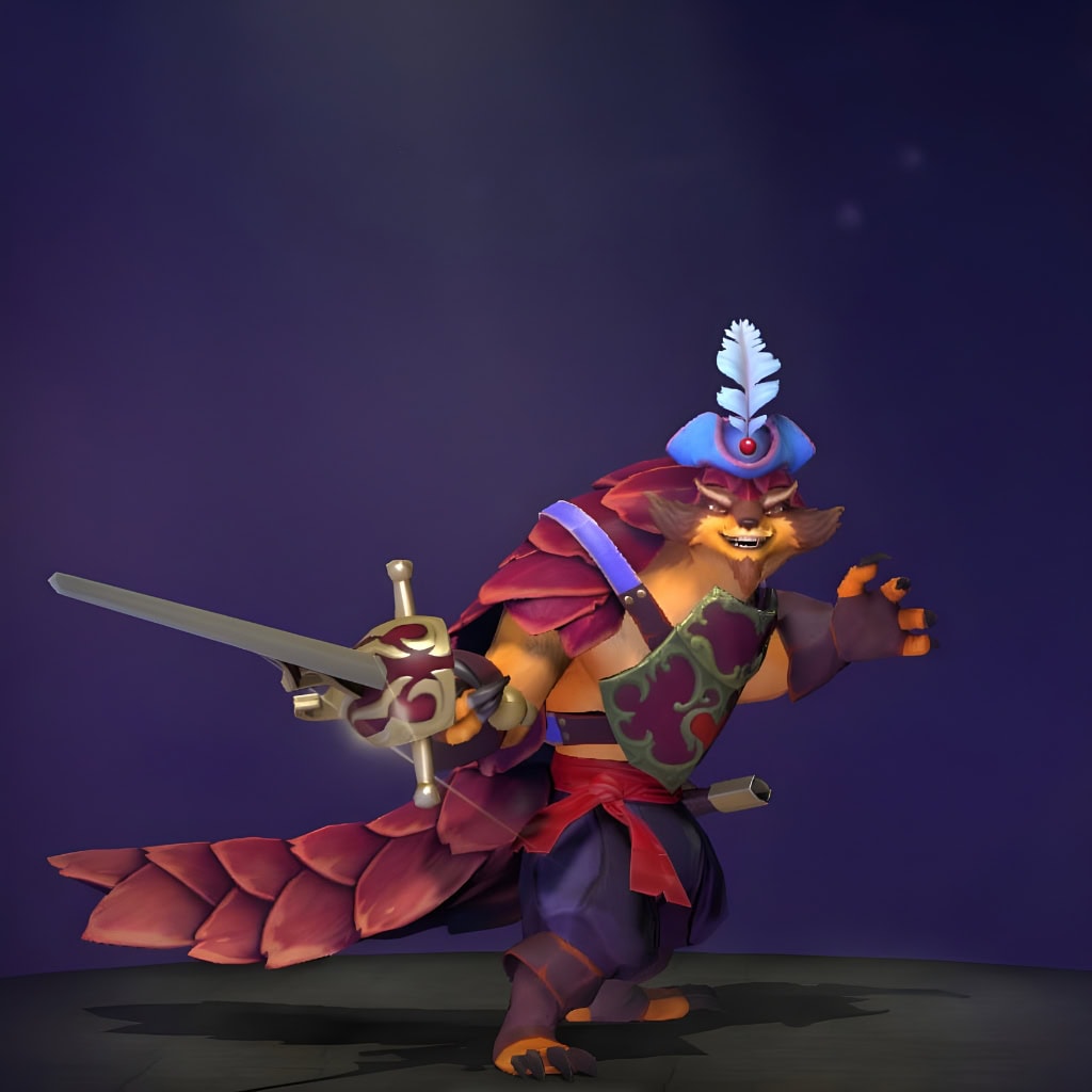 The default skin of Pangolier, shown for comparison with the Pitfall Crusader set. This highlights the transformation into a subterranean warrior with chitinous armor, a bio-luminescent crown, a unique jagged sword, and a distinctive buckler shield.