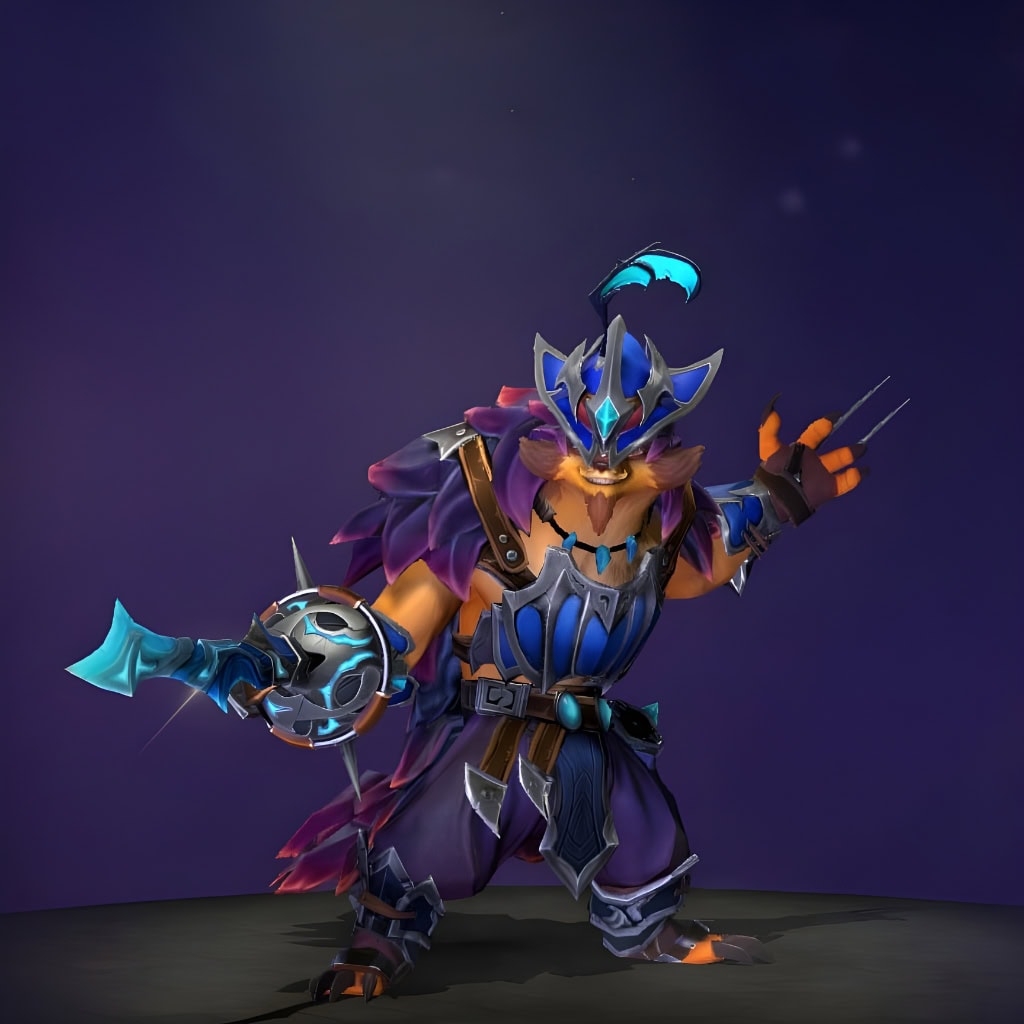Pangolier's "Pitfall Crusader" The International 2018 Collector's Cache set. Transforms him into a subterranean warrior clad in layers of sharp, black and crimson chitinous plates. Features a bio-luminescent crown with a glowing blue gem and plume, a unique jagged sword, and a distinctive buckler shield with blue energy accents.
