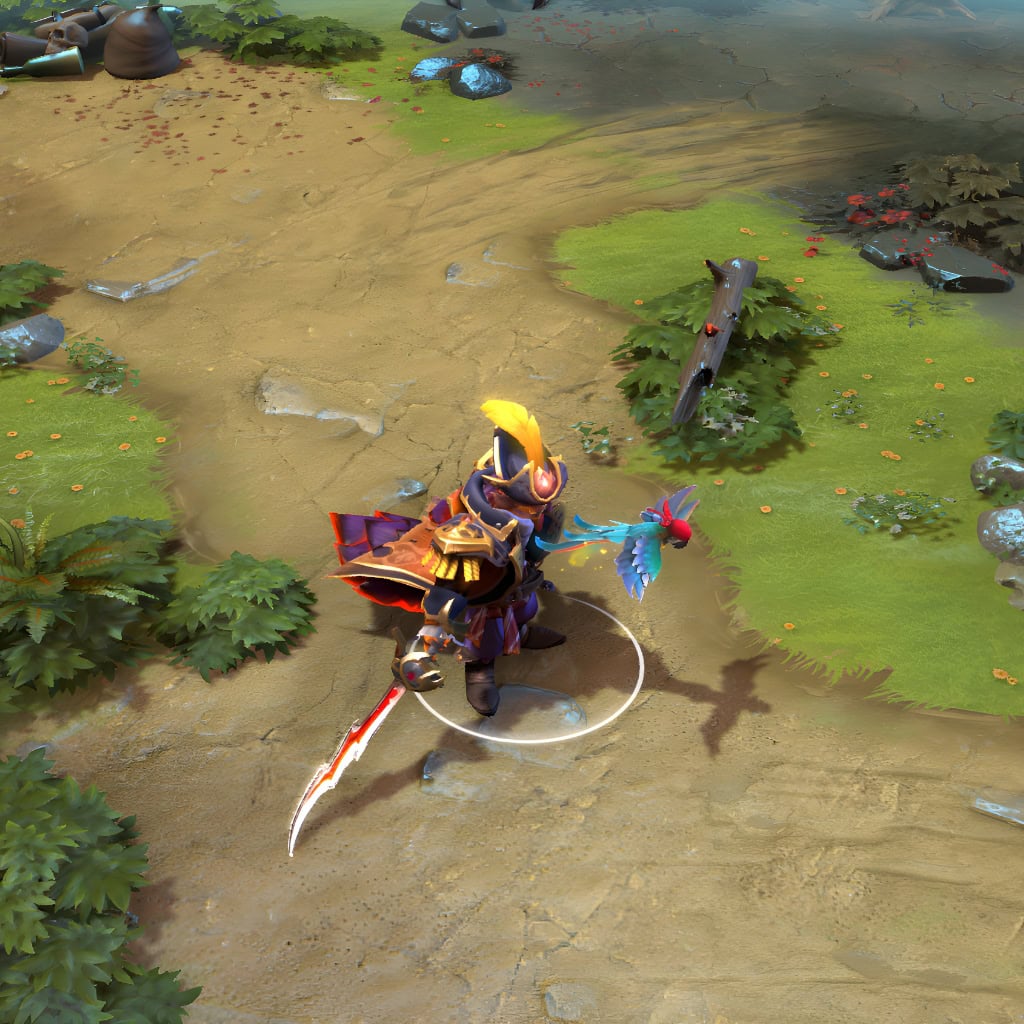 Pangolier shown in-game wearing the Tales of the Windward Rogue set. The ornate pirate captain's attire, grand tricorn hat, crimson swashbuckler's blade, gleaming golden accents, and loyal avian first mate are clearly visible, showcasing the set's full impact.