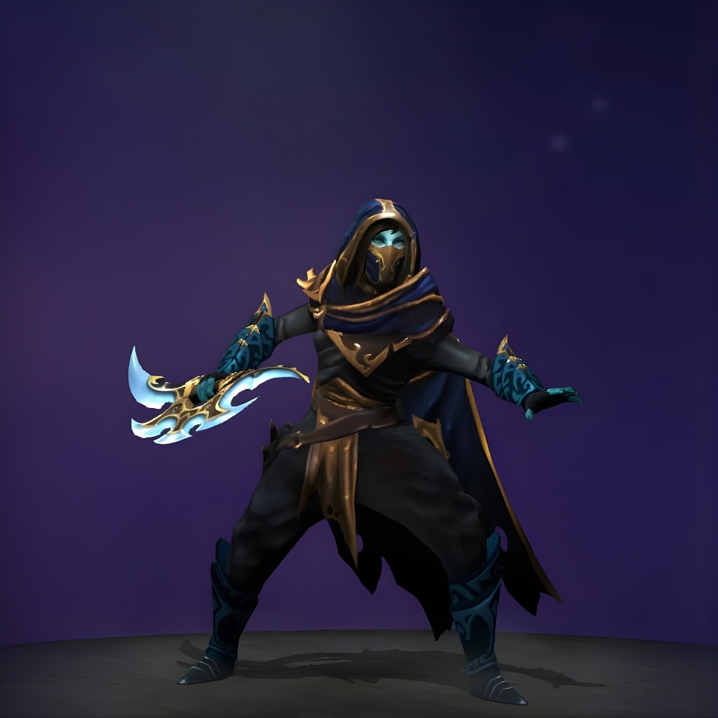 Phantom Assassin's "Creeping Shadow" The International 2016 Collector's Cache set. Features a black and dark blue hooded cloak with intricate gold accents. Her mask covers her face, revealing only glowing light-blue eyes. She wields unique shiny daggers.