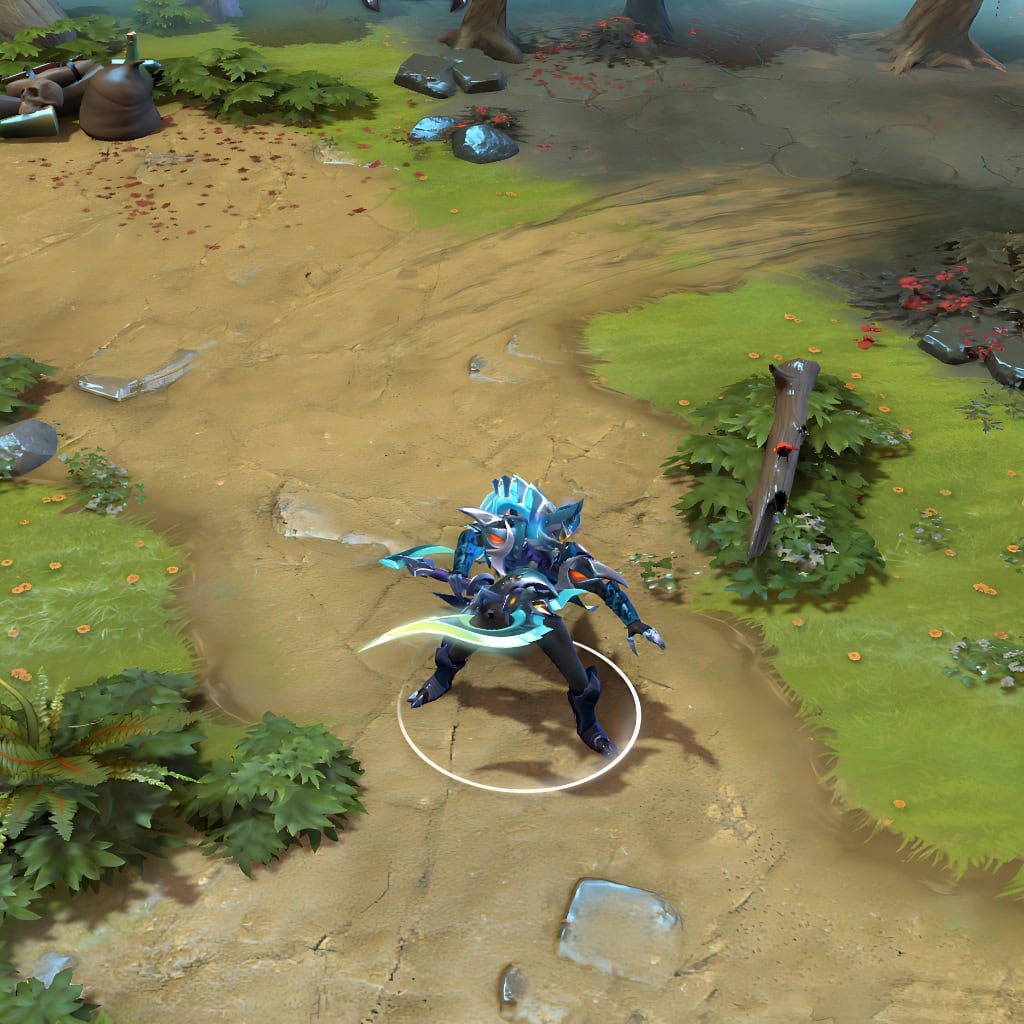 Phantom Assassin shown in-game wearing the Darkfeather Factioneer set. The sharp, raptor-like helmet, ethereal feathered cape with cyan glow, and custom curved daggers are clearly visible, showcasing the set's full impact and fierce presence during critical strikes.