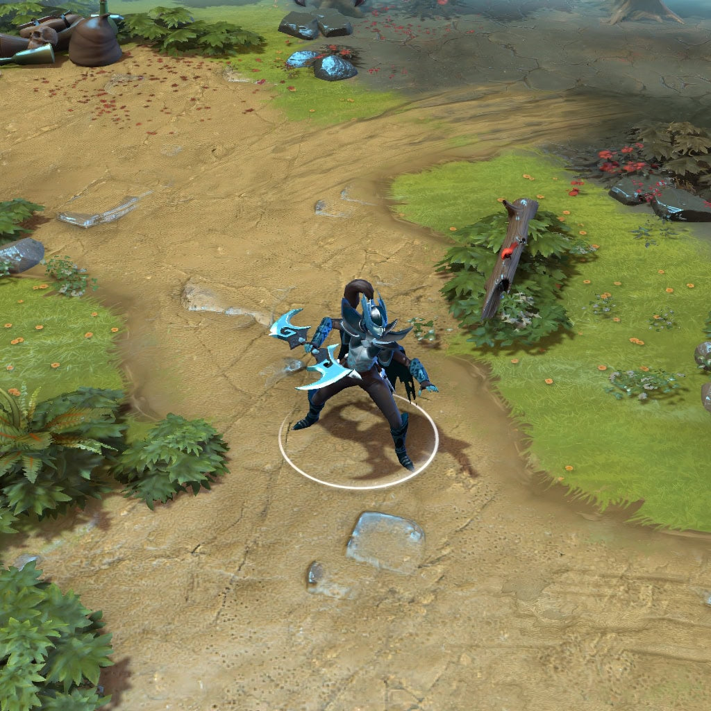 A gameplay screenshot of Phantom Assassin's default model in Dota 2. This serves as a baseline to contrast with the enhanced in-game visuals, unique avian silhouette, and glowing effects of the Darkfeather Factioneer cosmetic set, especially during Blink Strike.