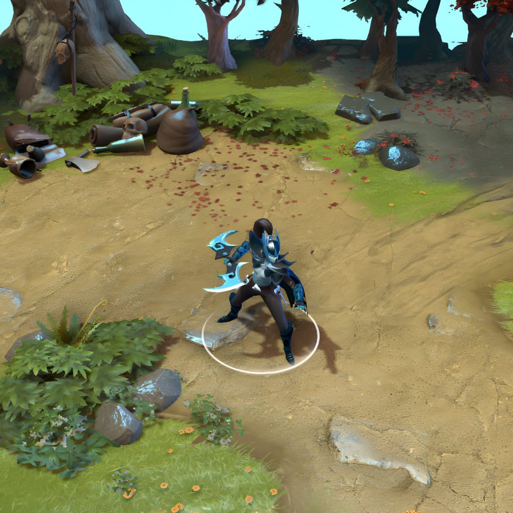 A gameplay screenshot of Phantom Assassin's default model in Dota 2. This serves as a baseline to contrast with the enhanced in-game visuals, unique Western Gothic aesthetic, and detailed leatherwork of the Gothic Whisper cosmetic set.