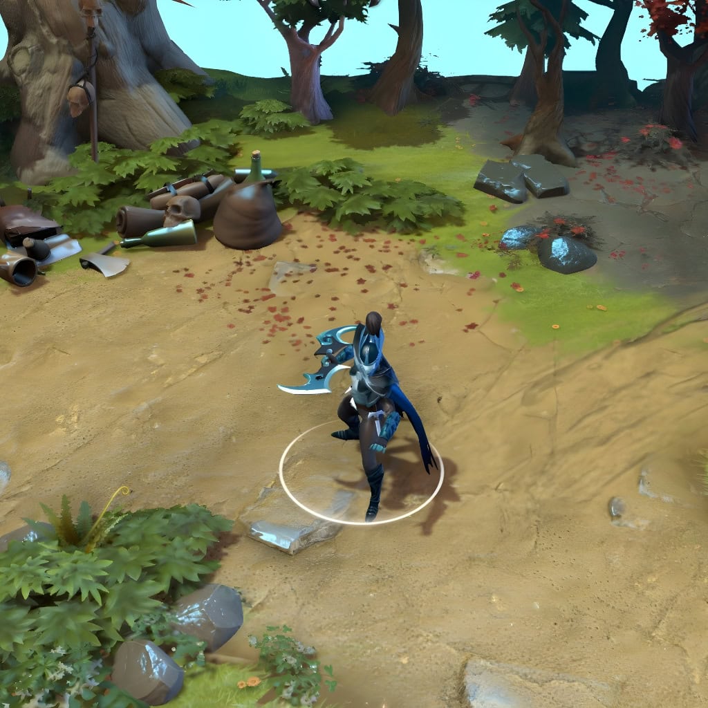 A gameplay screenshot of Phantom Assassin's default model in Dota 2. This serves as a baseline to contrast with the predatory silhouette, unique bat-wing blades, and aristocratic armor of the Visions of the Lifted Veil cosmetic set.