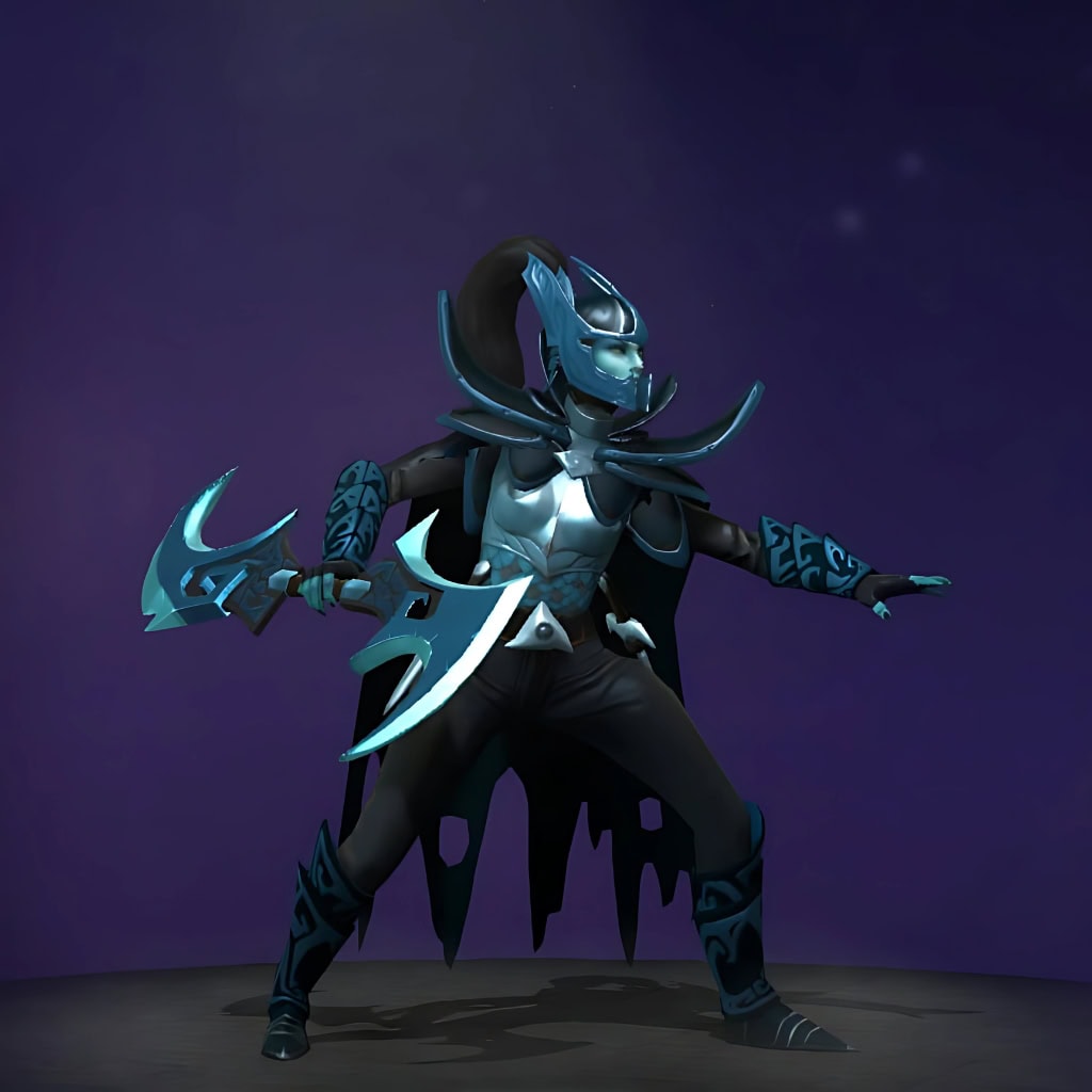 The default skin of Phantom Assassin, shown for comparison with the Darkfeather Factioneer set. This highlights the transformation from her traditional veiled assassin look to a fierce, avian-inspired hunter with a glowing feathered cape and pulsing daggers.