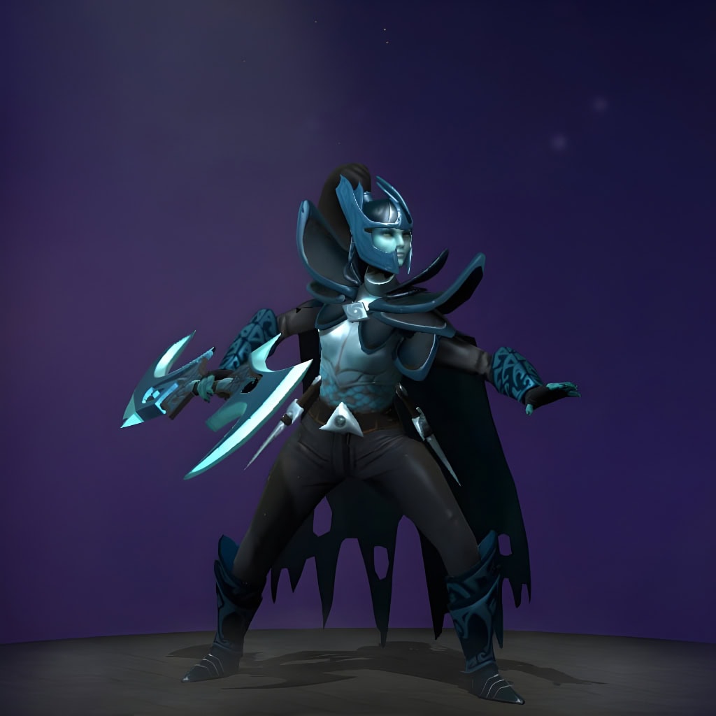 The default skin of Phantom Assassin, shown for comparison with the Gothic Whisper set. This highlights the transformation into a figure of deadly elegance with a distinctive hat, bandana, ornate skeletal armor, tattered crimson cape, and custom bone-hilted daggers.